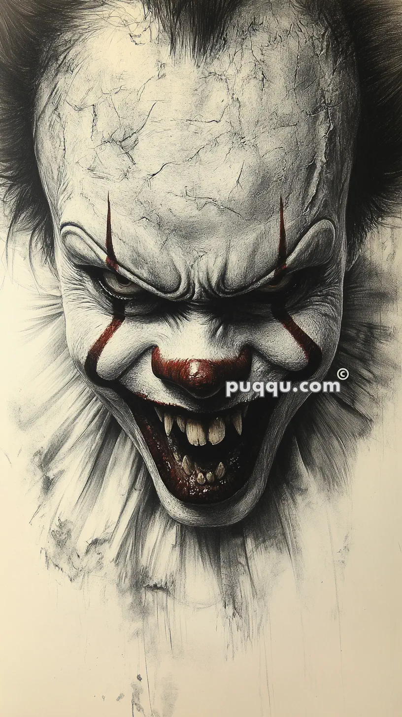 A menacing clown with sharp teeth and red makeup lines across the eyes, grinning aggressively with a dark background.