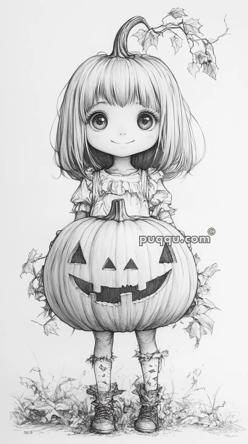 Sketch of a young girl with a pumpkin for a head and leaves growing from the stem, dressed in overalls and holding a jack-o'-lantern.