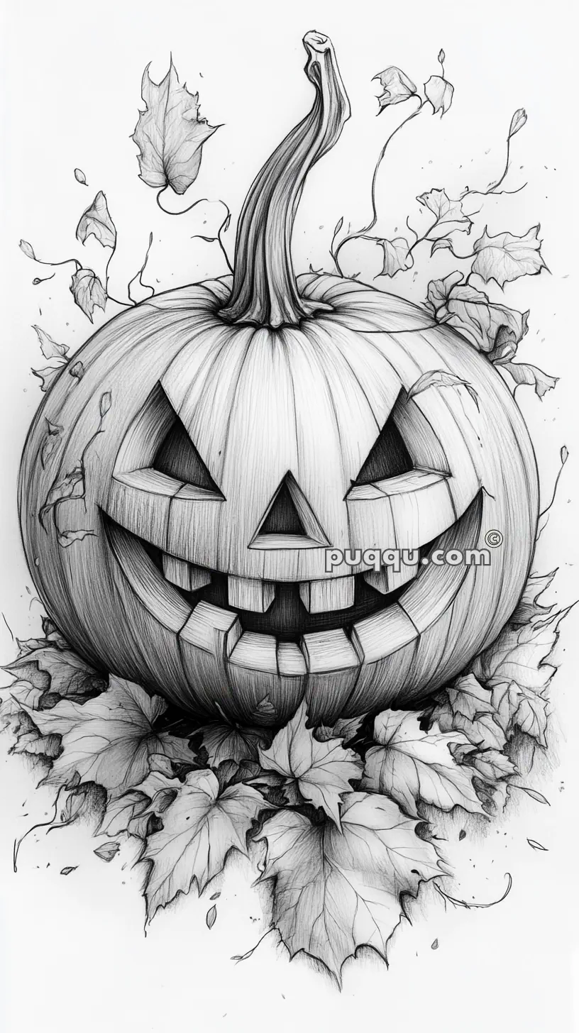 A detailed black and white drawing of a carved pumpkin with a mischievous smile, surrounded by falling autumn leaves.