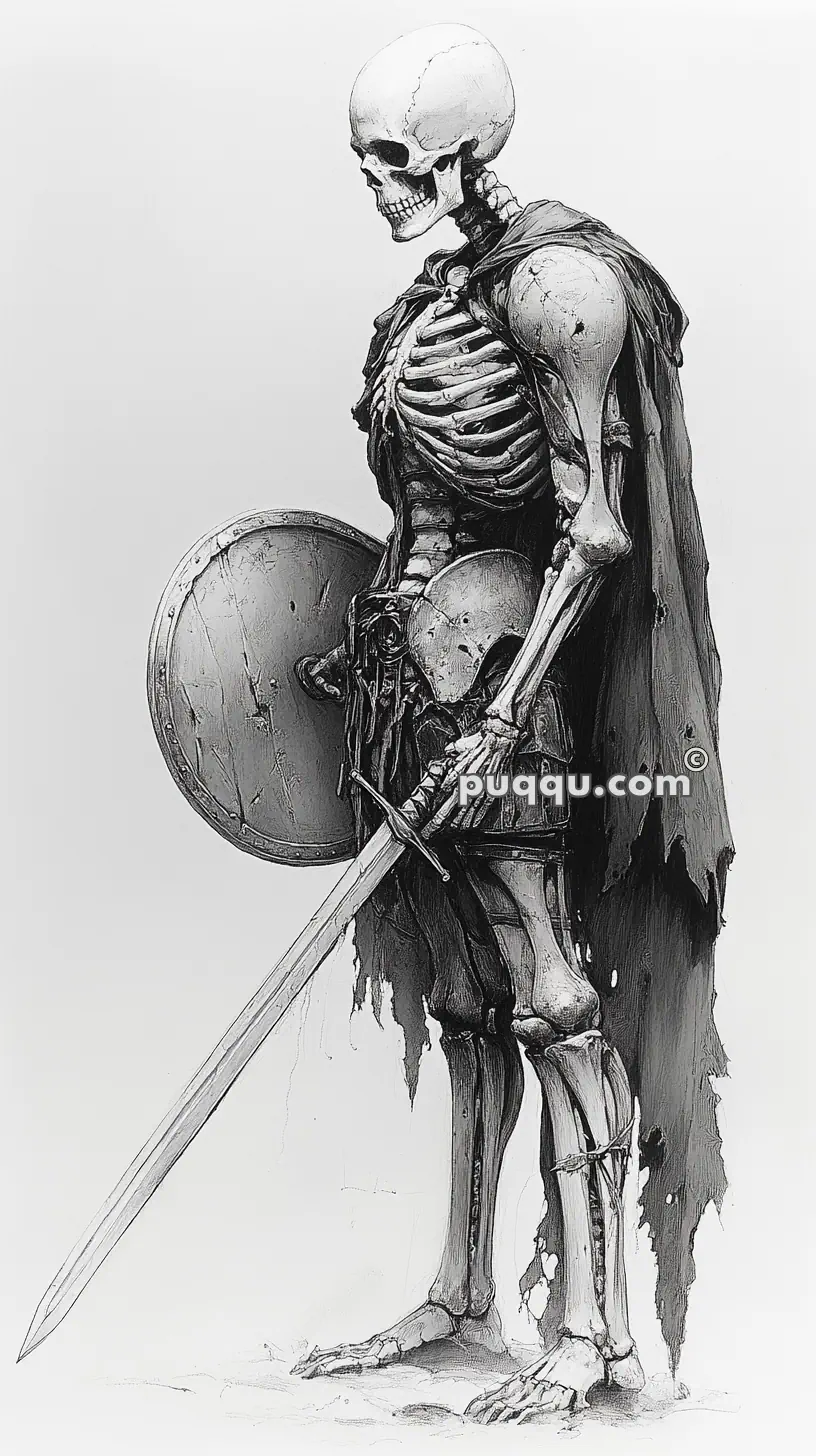 Skeleton warrior holding a sword and shield, wearing a tattered cloak.