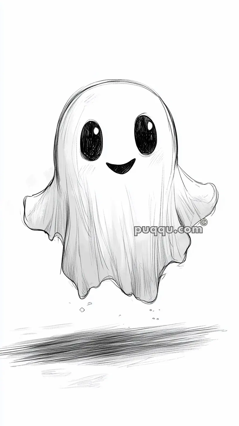 Cartoon drawing of a cute ghost with large eyes and a smiling face floating in the air.