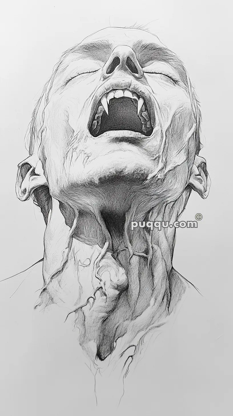 Detailed pencil drawing of a person with an open mouth, showing sharp vampire fangs and prominent neck muscles, veins, and tendons.