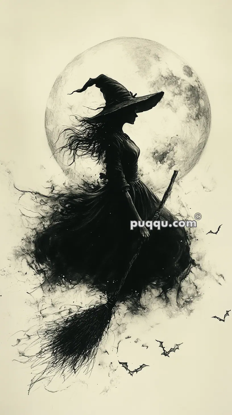 Silhouette of a witch with a broomstick and pointed hat, standing against a full moon, with bats flying around.