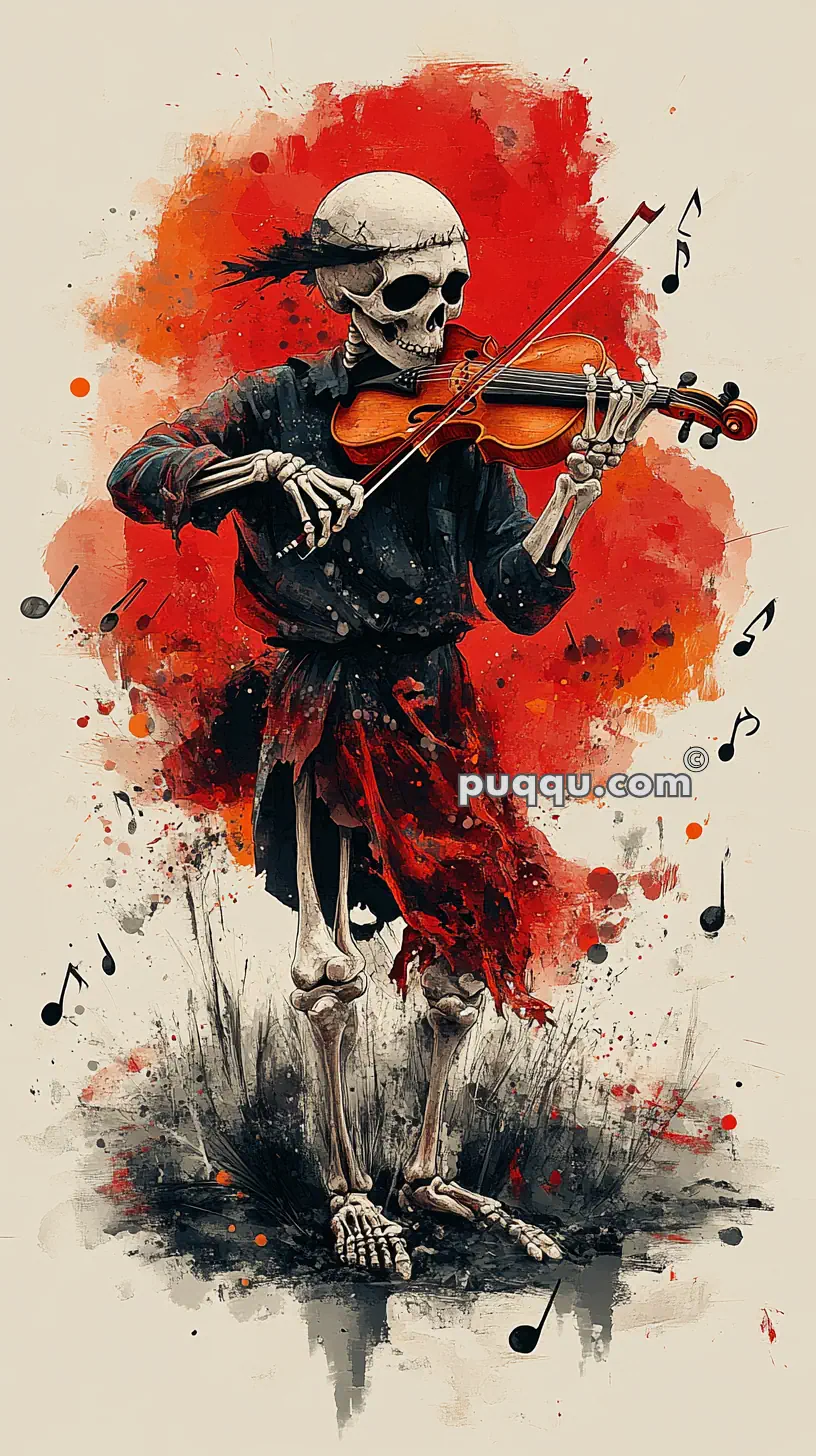 Skeleton playing a violin with a red and orange abstract background and floating musical notes.