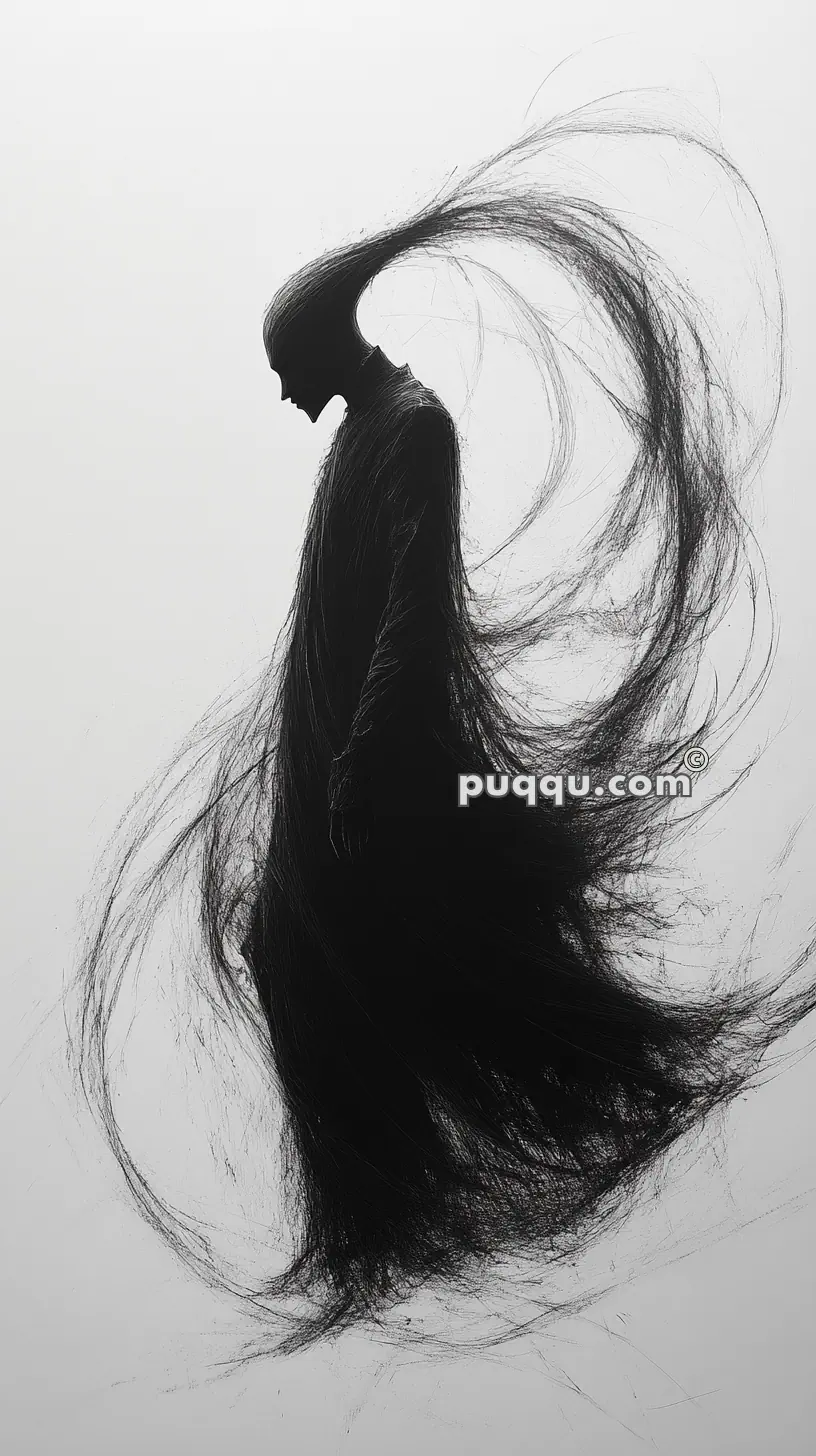 Silhouette of a person with flowing, ethereal black strands extending from their head and body.