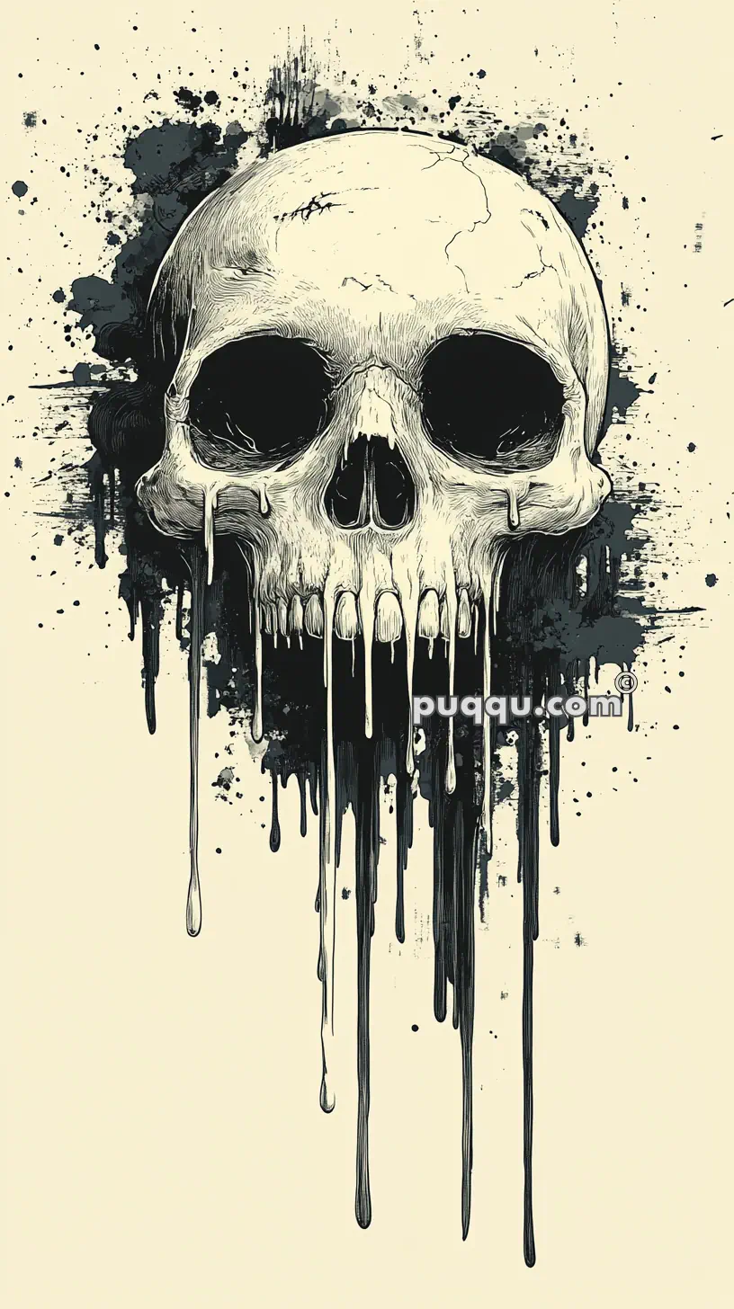 Dripping skull illustration with ink splatters.