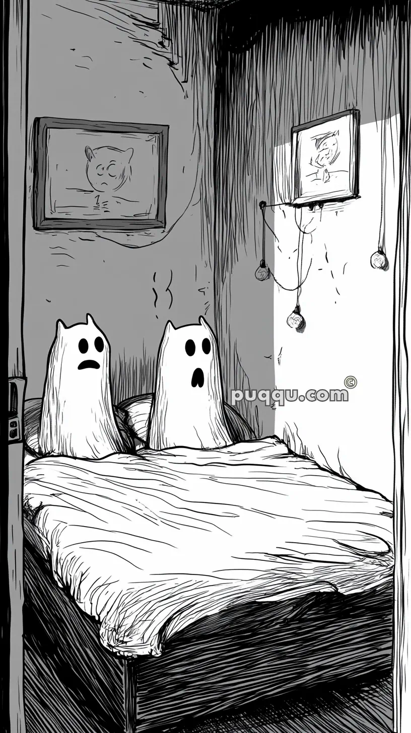 Two ghostly figures with wide eyes sit on a bed in a dimly lit room with framed pictures on the walls.