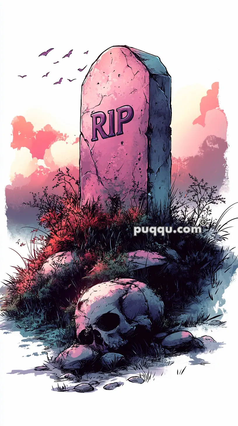 Illustration of a gravestone with the text "RIP" and a skull on the ground.