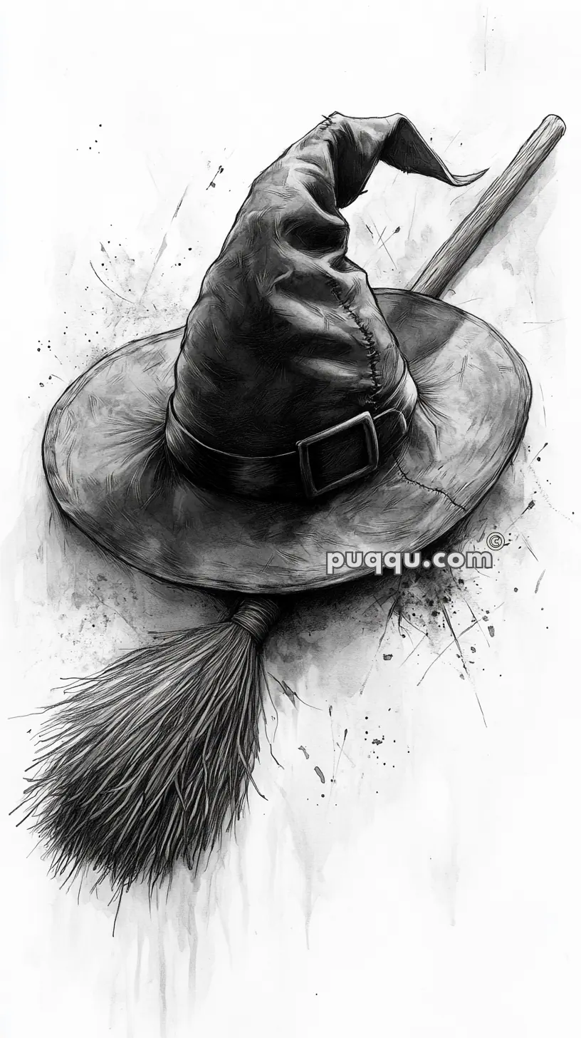 A detailed sketch of a witch's hat and broomstick against a grungy, textured background.