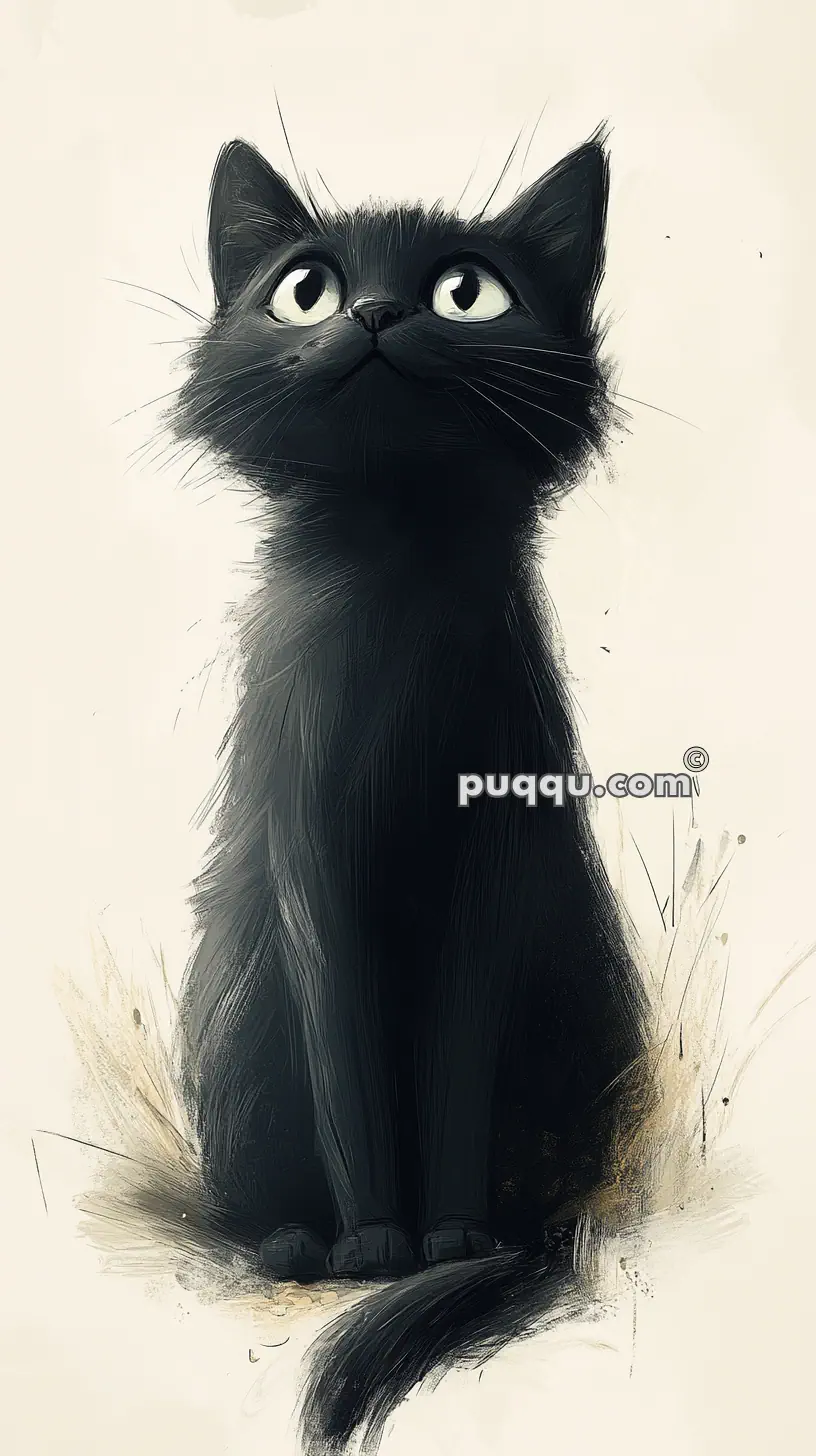 Illustration of a black cat sitting and looking upwards with wide, curious eyes.