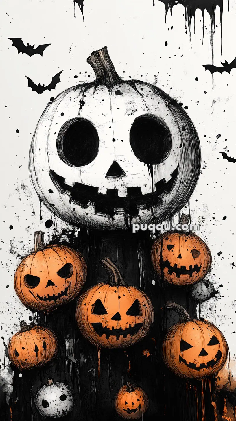 Illustration of several carved pumpkins with sinister expressions, a large central white pumpkin with black eyes and mouth, black bats flying overhead, and a black and white splattered background.