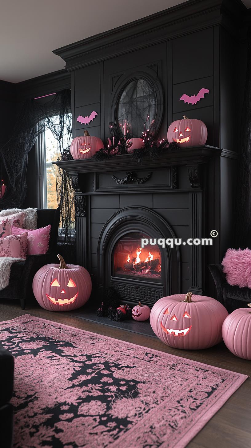 A black mantel decorated with pink jack-o'-lanterns, black candles, and pink bat cutouts. The fireplace below is lit, and the surrounding area features pink and black Halloween-themed decor, including a pink carpet and throw pillows.