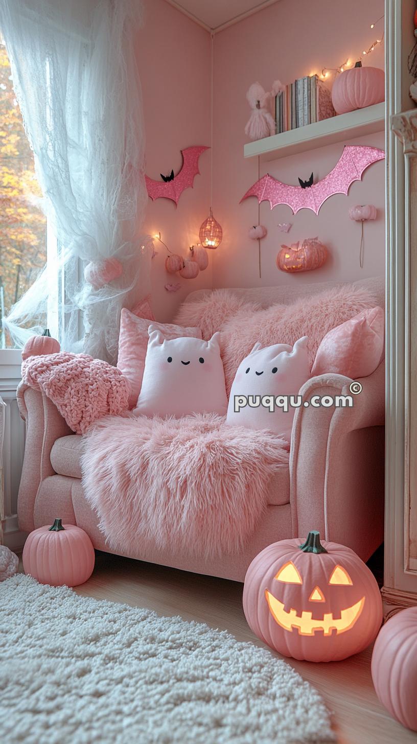 Cozy, pink-themed room with Halloween decorations including pumpkins, jack-o'-lantern, pink bat wall hangings, and soft pillows shaped like ghost heads on a plush armchair.