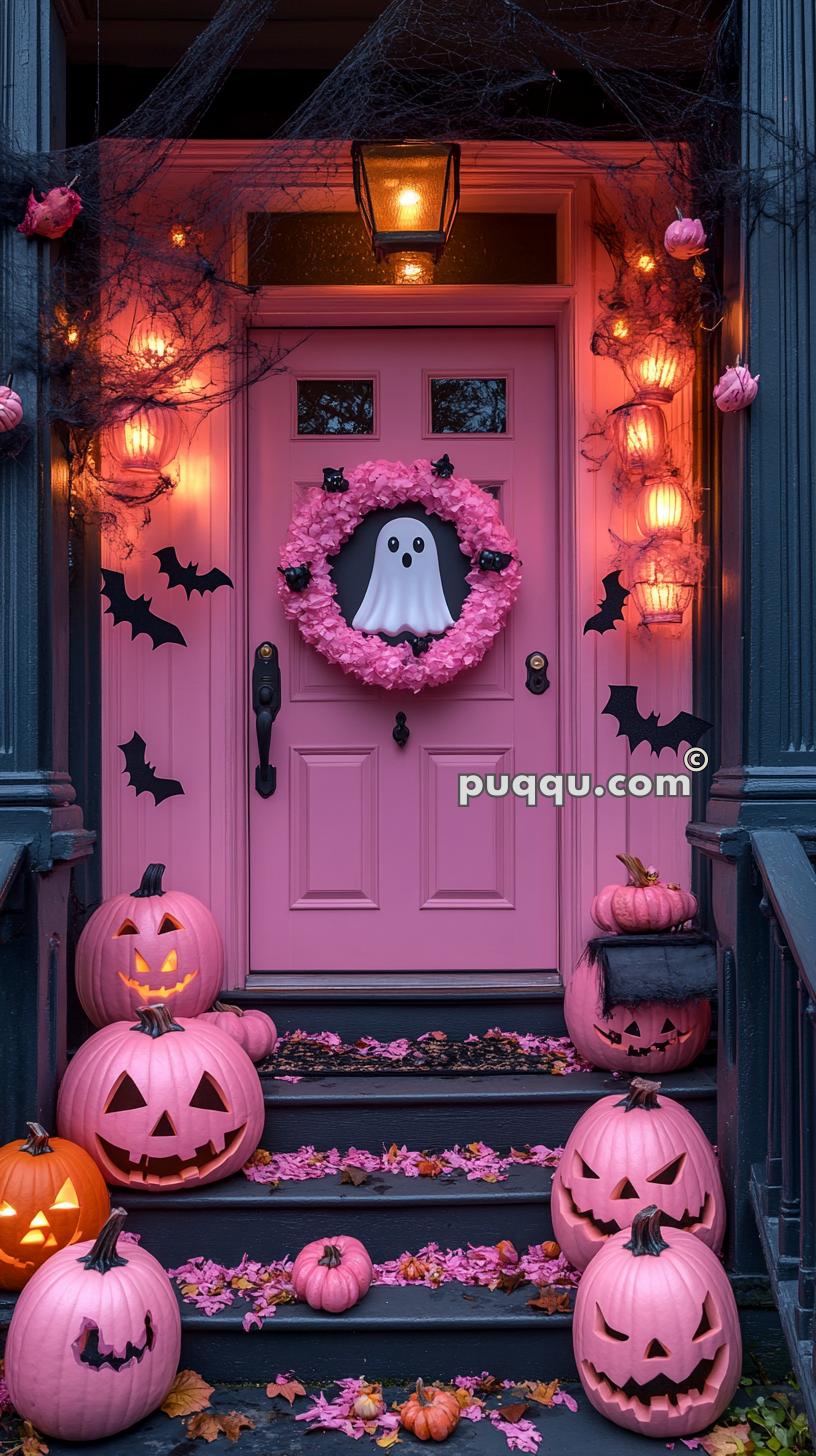 A front door decorated for Halloween with a pink theme. The door is adorned with a ghost wreath, black bats, and surrounded by pink and orange carved pumpkins. Cobwebs stretch across the entrance and lanterns emit a warm glow. Pink flower petals are scattered on the steps.