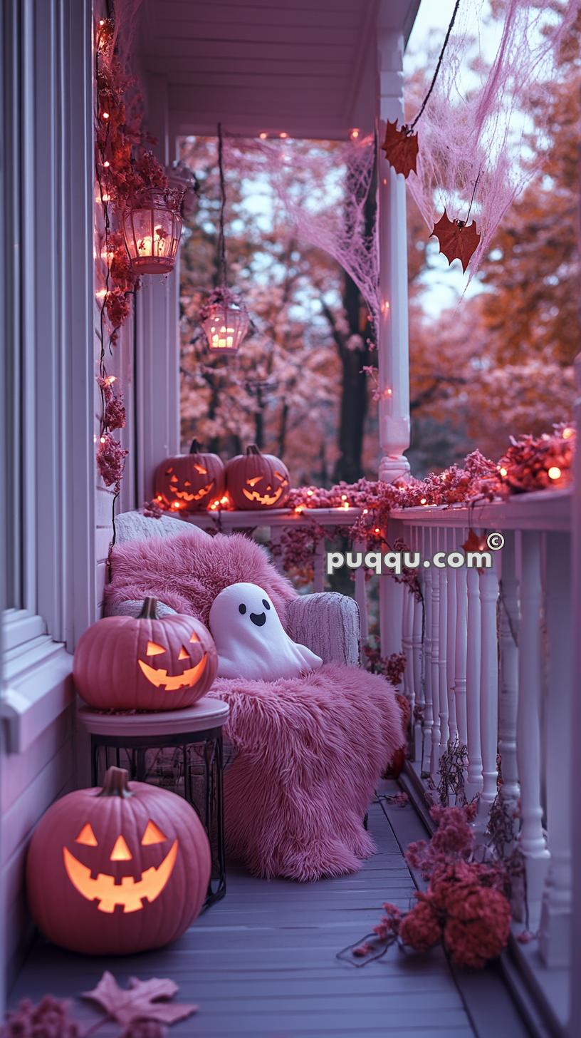 Halloween-themed decorated porch with carved pumpkins, a ghost plushie, string lights, lanterns, spider webs, and fall leaves.