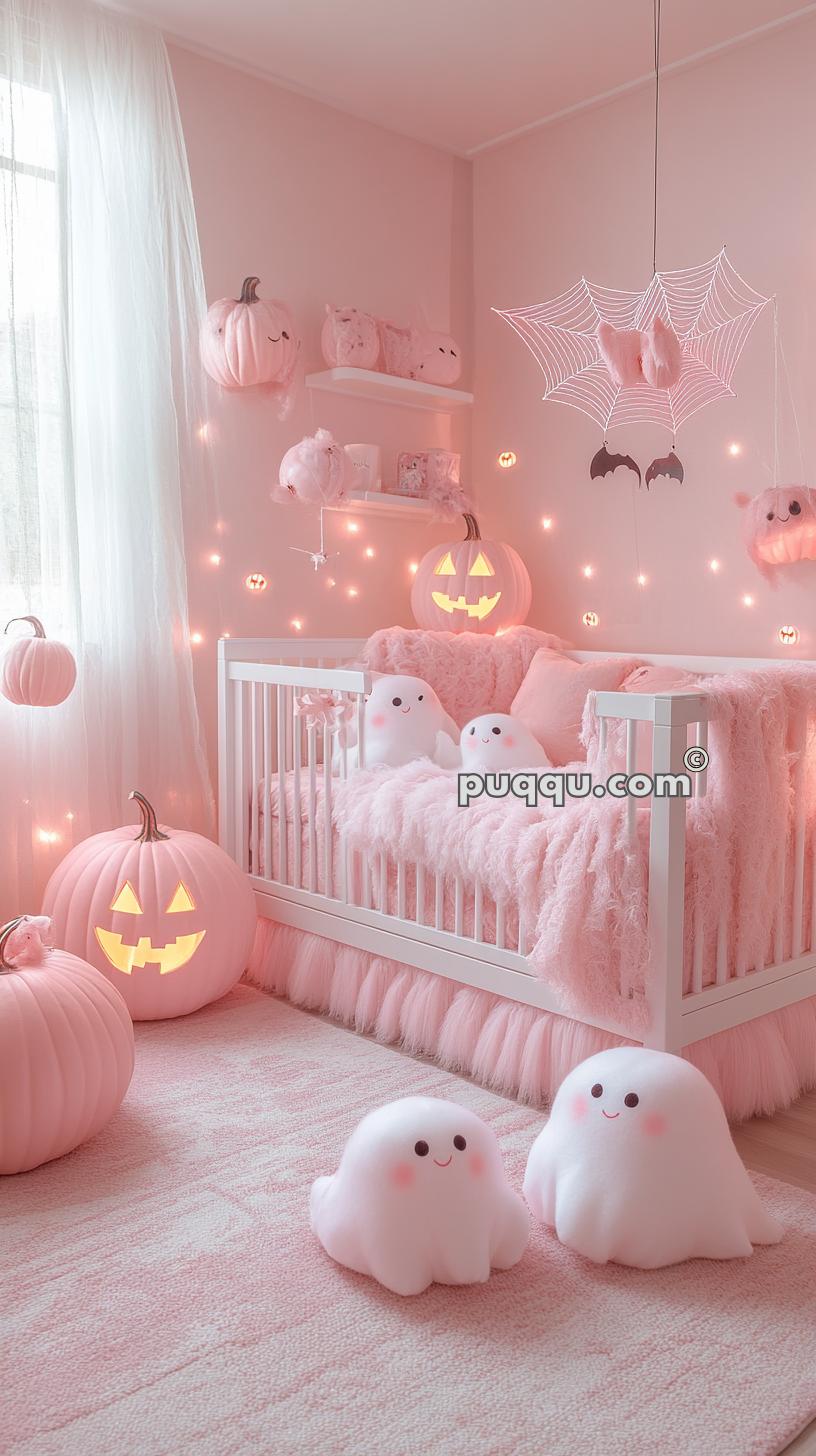 Nursery decorated in pink with Halloween-themed plush ghosts, pumpkins, bat, and cobweb, with soft lighting and fluffy bedding.