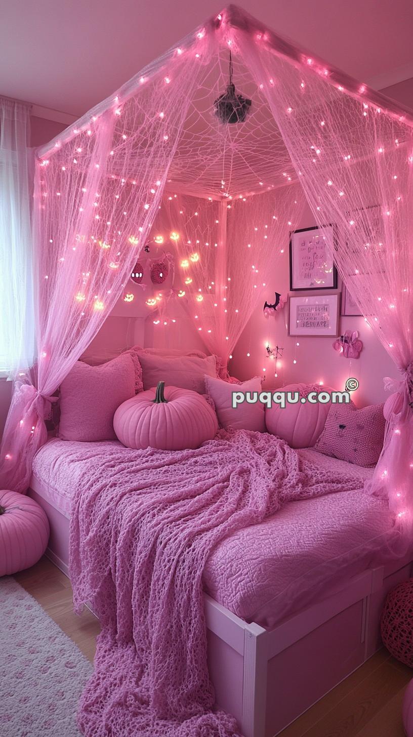 Pink bedroom with a canopy bed adorned with pink fairy lights and spider webs. The bed features pink pillows, a large pumpkin pillow, and a knitted pink blanket. Walls are decorated with framed pictures and Halloween-themed decorations.