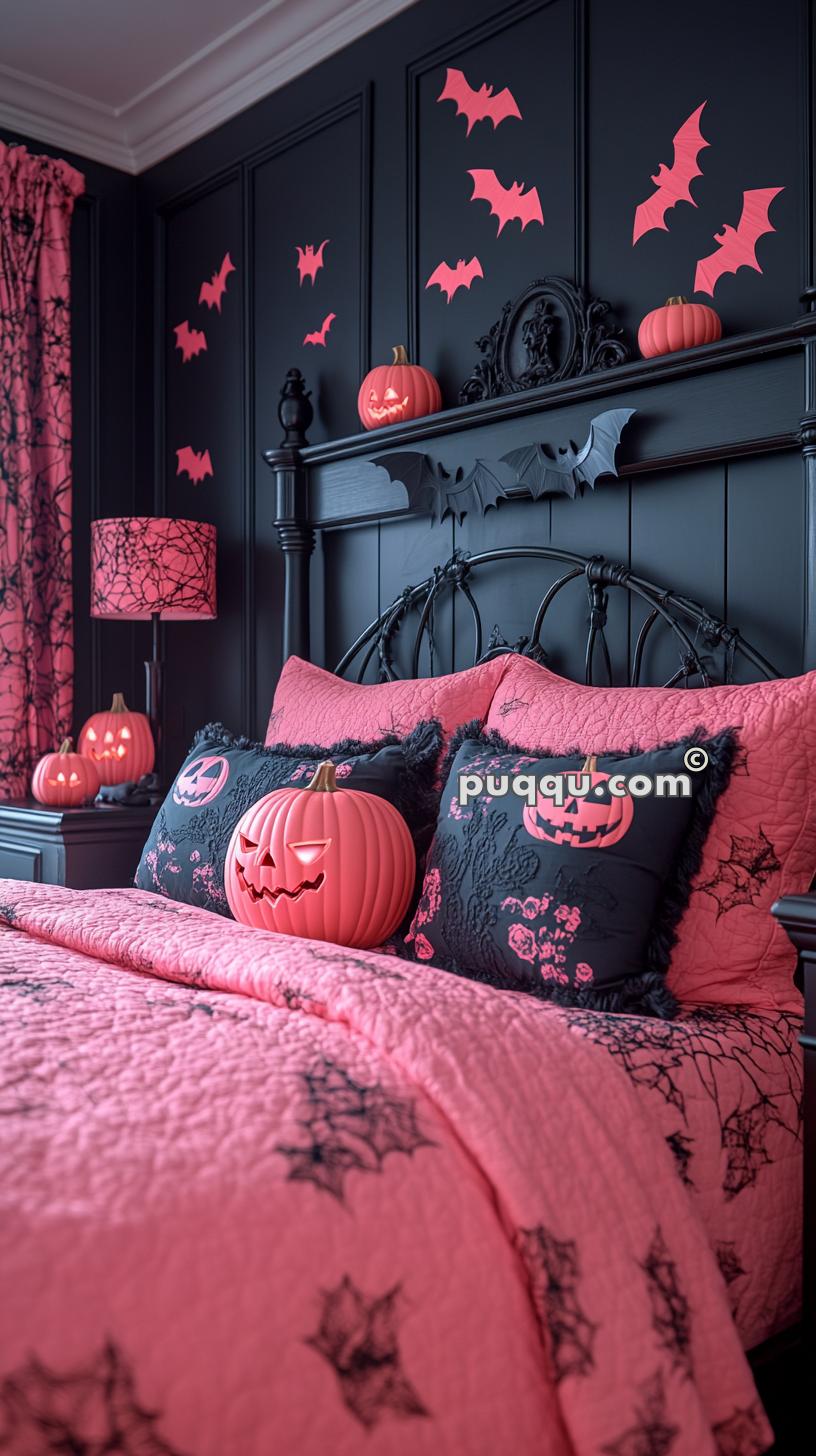 Black and pink Halloween-themed bedroom with pink jack-o'-lanterns, bat wall decals, and spider web-patterned bedding.