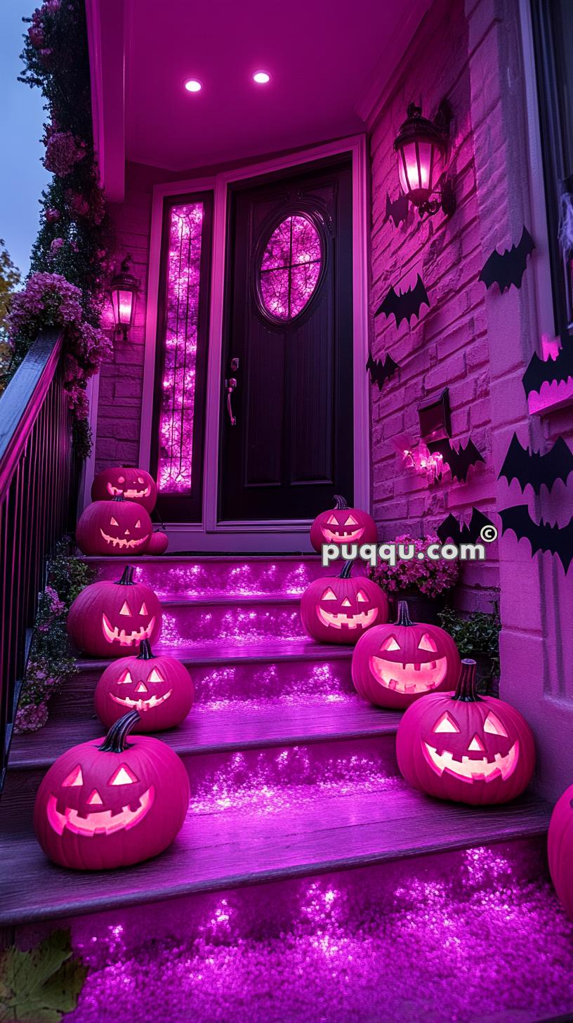 A porch decorated for Halloween with glowing carved pumpkins, purple lighting, and bat cutouts on the walls.