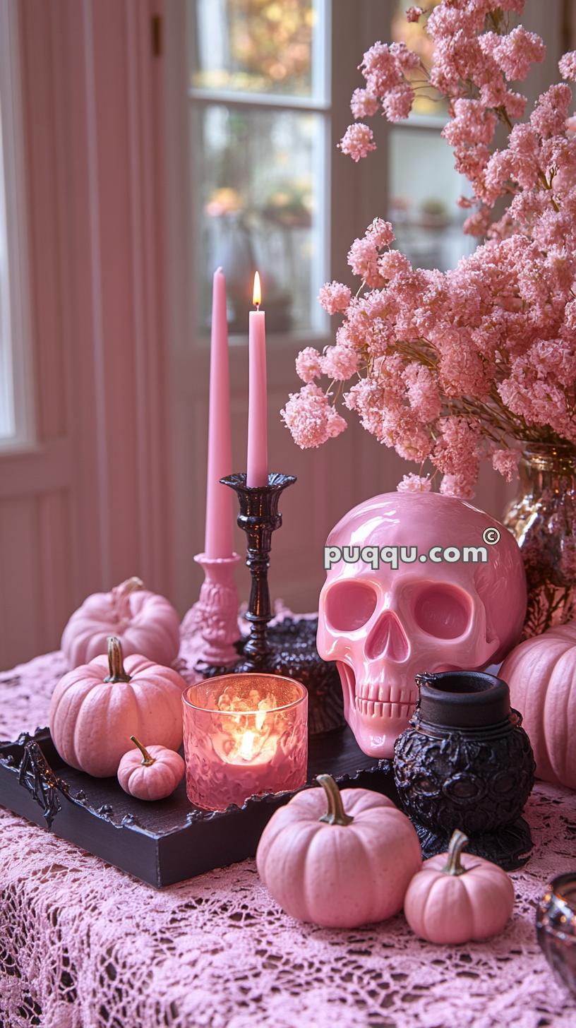 Pink-themed Halloween decor with candles, pumpkins, a skull, and flowers on a lace-covered table.