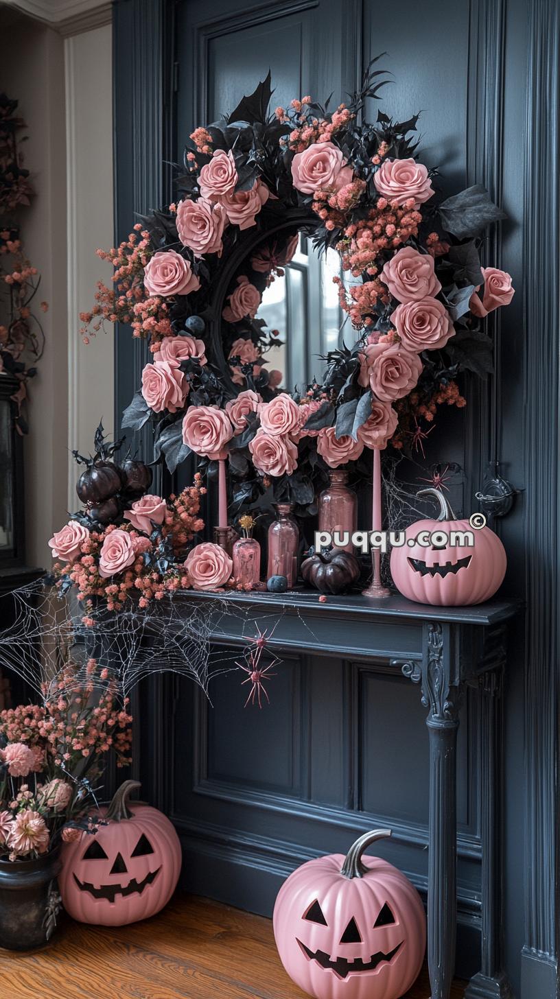 A Halloween-themed display with pink jack-o'-lanterns, black leaves, pink roses, orange flowers, and decorative glass bottles on a dark table, accented by spider webs and pink spiders.