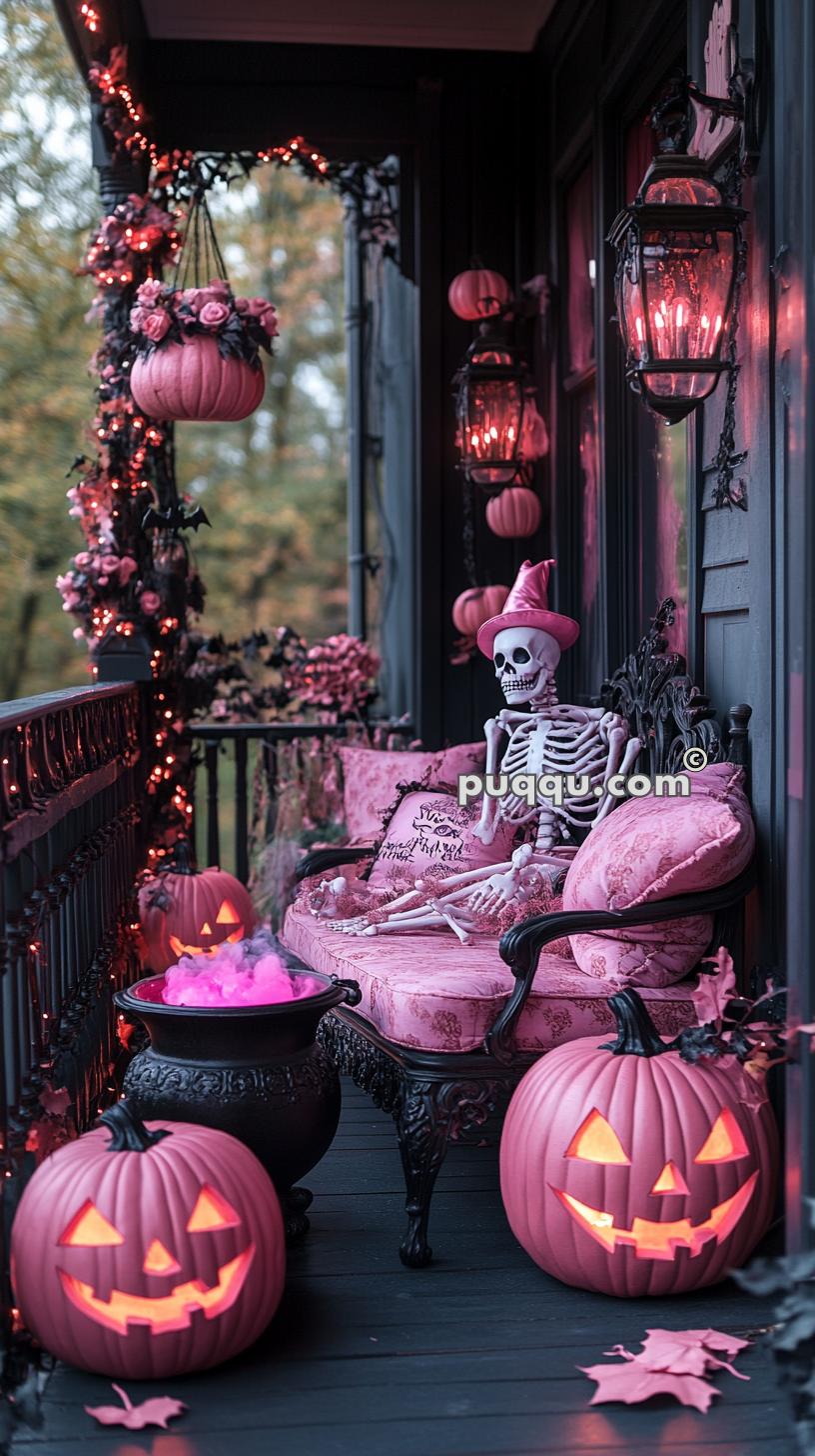 Halloween-themed porch with pink jack-o'-lanterns, pink fairy lights, and a skeleton wearing a pink hat sitting on pink furniture.