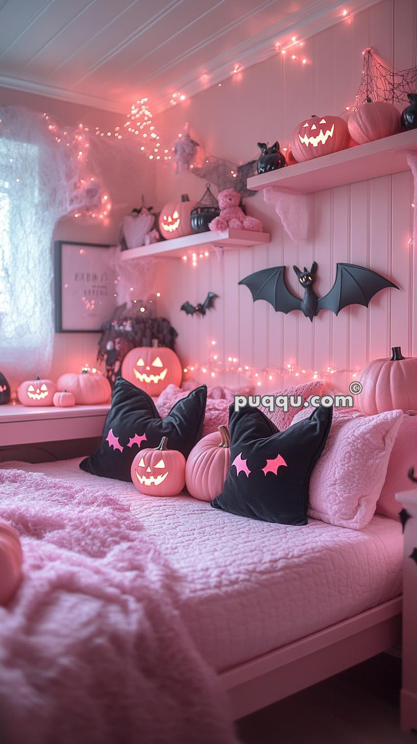 Cozy pink-themed bedroom decorated for Halloween with pink jack-o'-lanterns, black bat pillows, wall-mounted bats, and string lights.