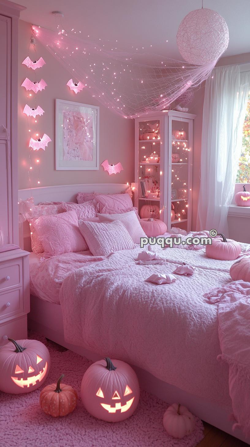 Bedroom decorated for Halloween with pink lighting, jack-o'-lanterns, bat-shaped lights, and pink-themed furnishings and bedding.