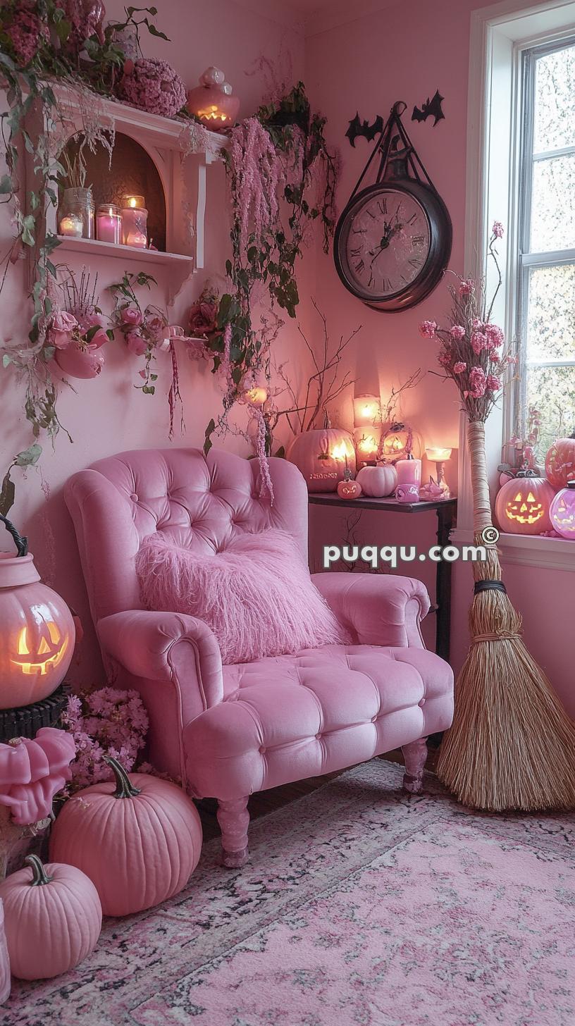 Pink-themed Halloween room with a pink armchair, fluffy pink pillow, pink pumpkins, candles, a clock, decorative broom, and bat wall decals.