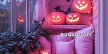 Cozy corner with pink pillows and fluffy blanket decorated for Halloween with glowing jack-o'-lanterns, fake spider webs, and bat cutouts.