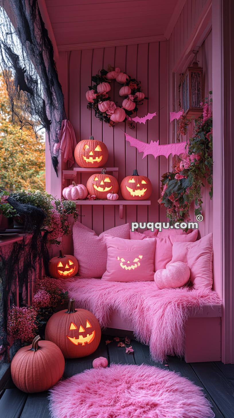 A Halloween-themed pink porch with carved jack-o'-lanterns, pink cushions, a fluffy pink rug, and decorative bats.