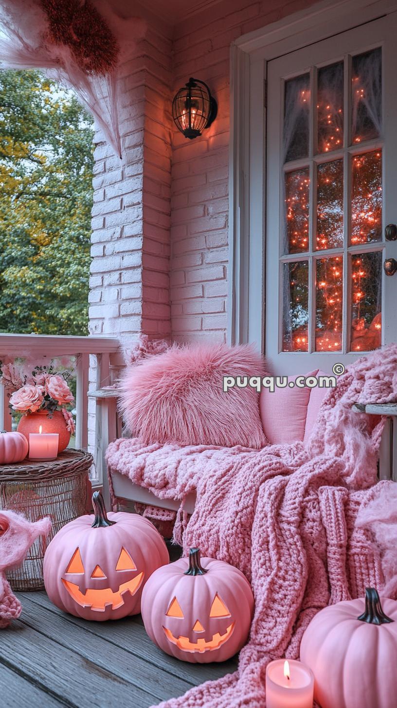 Cozy porch decorated for Halloween with pink glowing jack-o'-lanterns, soft pink blankets and pillows, candles, and floral arrangements.