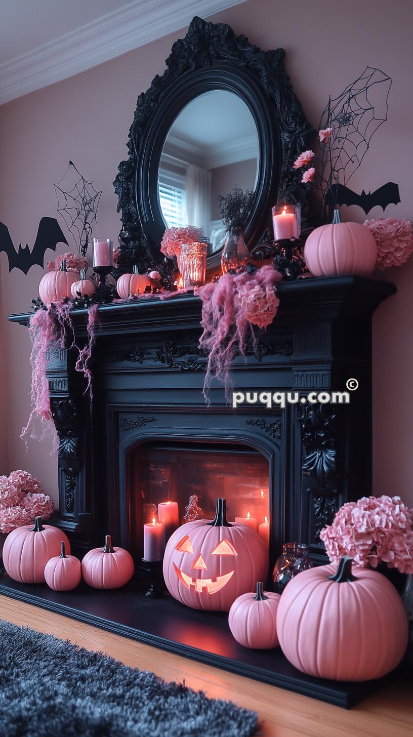 Black fireplace decorated with pink pumpkins, candles, pink flowers, and Halloween-themed decor, including bat silhouettes and spider webs.