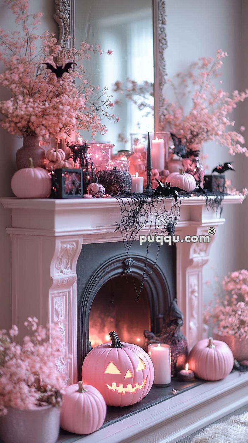 A fireplace decorated with pink pumpkins, candles, flowers, and black bats for Halloween.