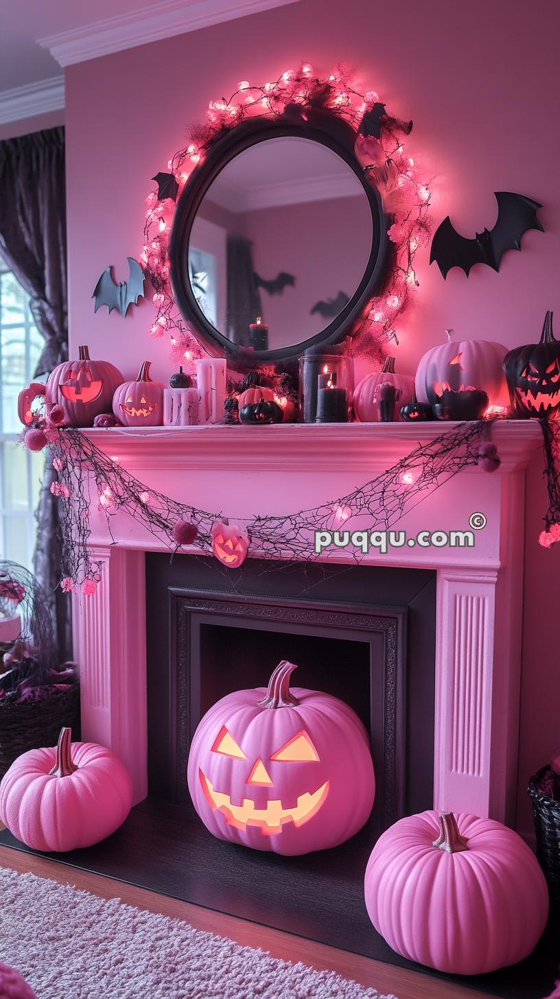 Pink-themed Halloween fireplace decor with jack-o'-lanterns, bat cutouts, string lights, and candles.