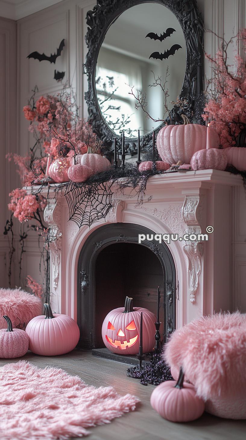 A pink-themed Halloween fireplace decorated with pink pumpkins, black candles, a spiderweb, and faux bats on the wall and mirror.