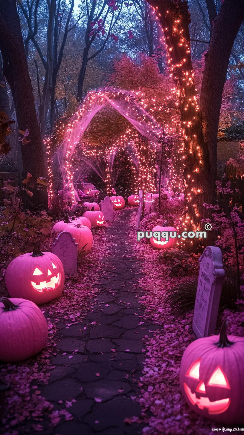 Halloween-themed pathway decorated with glowing jack-o'-lanterns, pink lights, and gravestones surrounded by trees and fallen leaves.