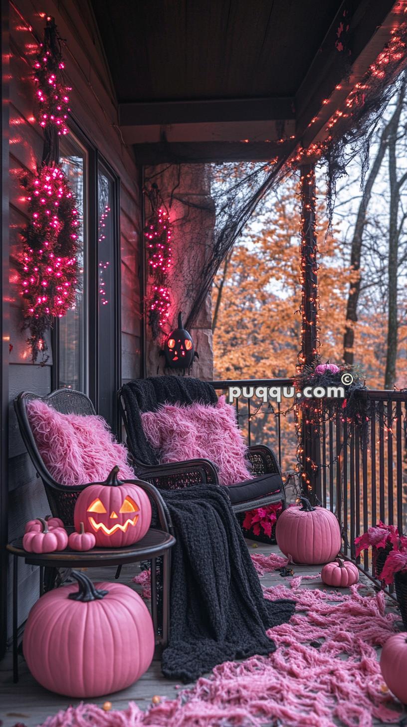 A cozy porch decorated for Halloween with pink pumpkins, glowing jack-o'-lanterns, pink fairy lights, fluffy pink pillows, and a black blanket on a chair.