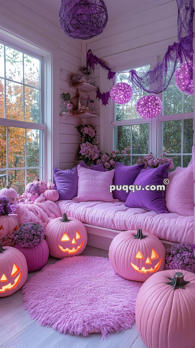 A cozy nook decorated for Halloween with lavender and pink tones, featuring purple cushions, glowing purple pumpkins with jack-o'-lantern faces, and purple garlands. The room is brightened by large windows showcasing autumn foliage outside.