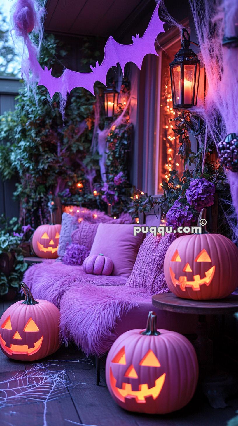 Halloween-themed porch decorated with pink jack-o-lanterns, purple plush cushions, bat-shaped ornaments, and fairy lights.