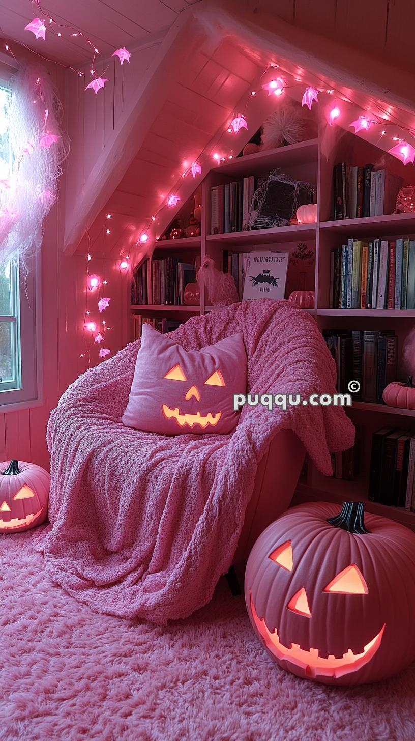 Cozy pink-themed reading nook with pink pumpkin decor, pink Jack-o'-lantern pillow on a chair, pink string lights, and a bookshelf.