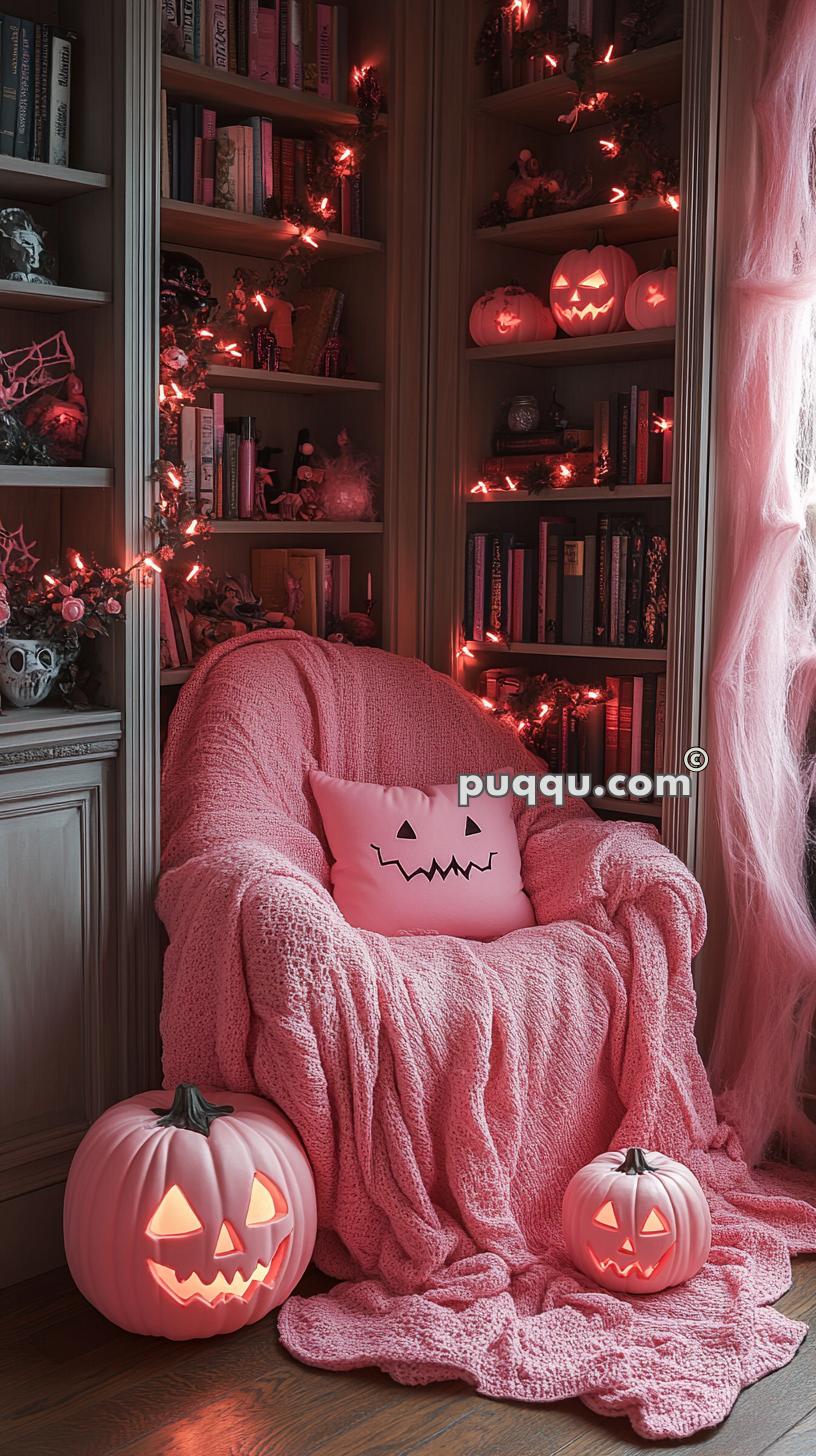 A cozy reading nook decorated for Halloween with a pink armchair, pink jack-o'-lanterns, a pink Halloween pillow, and shelves with books and pink-themed Halloween decor.