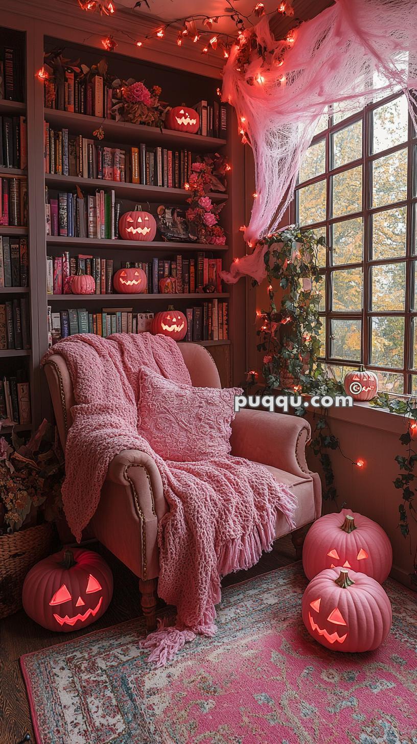 Cozy room with a pink armchair and blanket, surrounded by shelves of books, pink Jack-o'-lanterns, pink string lights, and faux spider webs for Halloween.