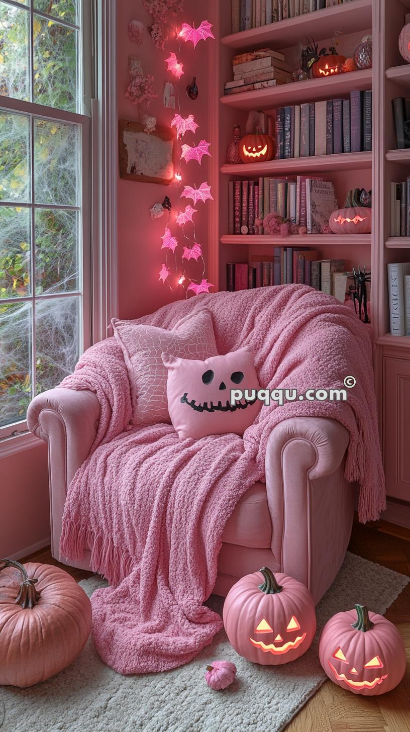 Cozy Halloween-themed reading nook with pink decor, plush armchair, pumpkin decorations, and bookshelves.