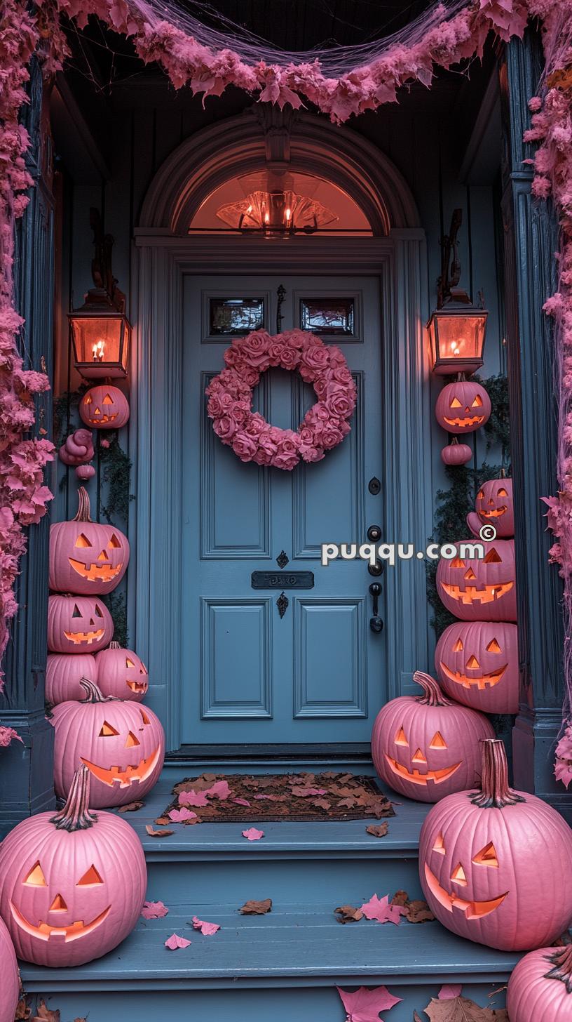 A front door decorated for Halloween with a pink floral wreath, pink Jack-o'-lanterns stacked on each side, and pink leaves and cobwebs adorning the entrance.