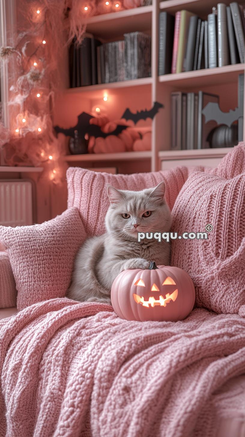 Cat sitting on a pink knitted blanket next to a lit pink jack-o'-lantern in a cozy room decorated for Halloween with lights, fake cobwebs, and black bat cutouts.