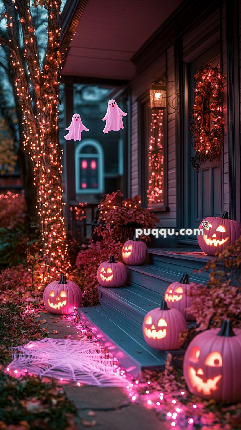 A Halloween-themed porch adorned with glowing jack-o'-lanterns, purple fairy lights, hanging ghost decorations, and a spider web on the ground.