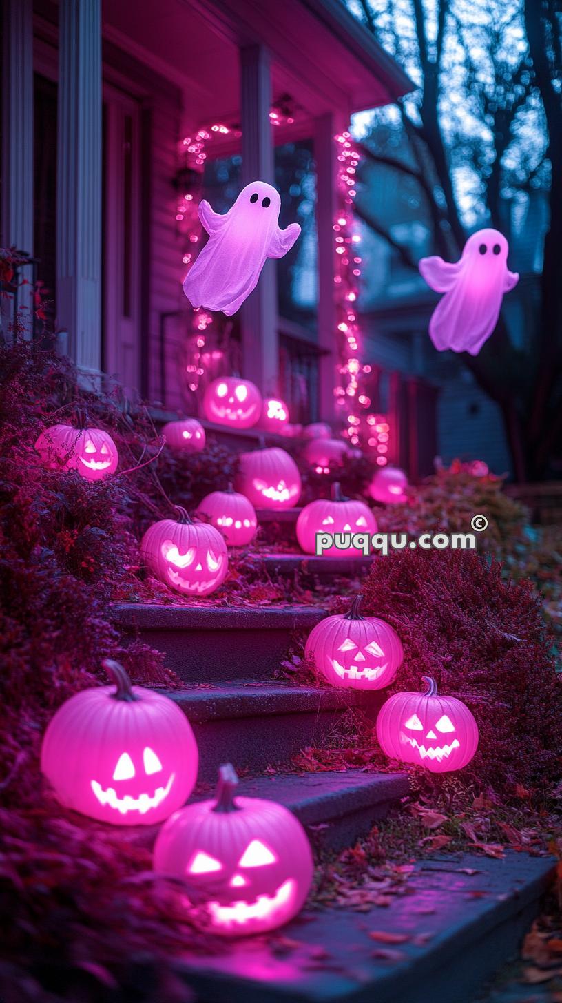 Purple illuminated jack-o'-lanterns and ghost decorations adorn a house porch at night for Halloween.