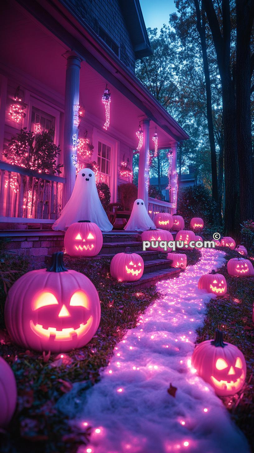 A house decorated with pink Halloween lights, ghost figures, and glowing pumpkins along the pathway and porch.