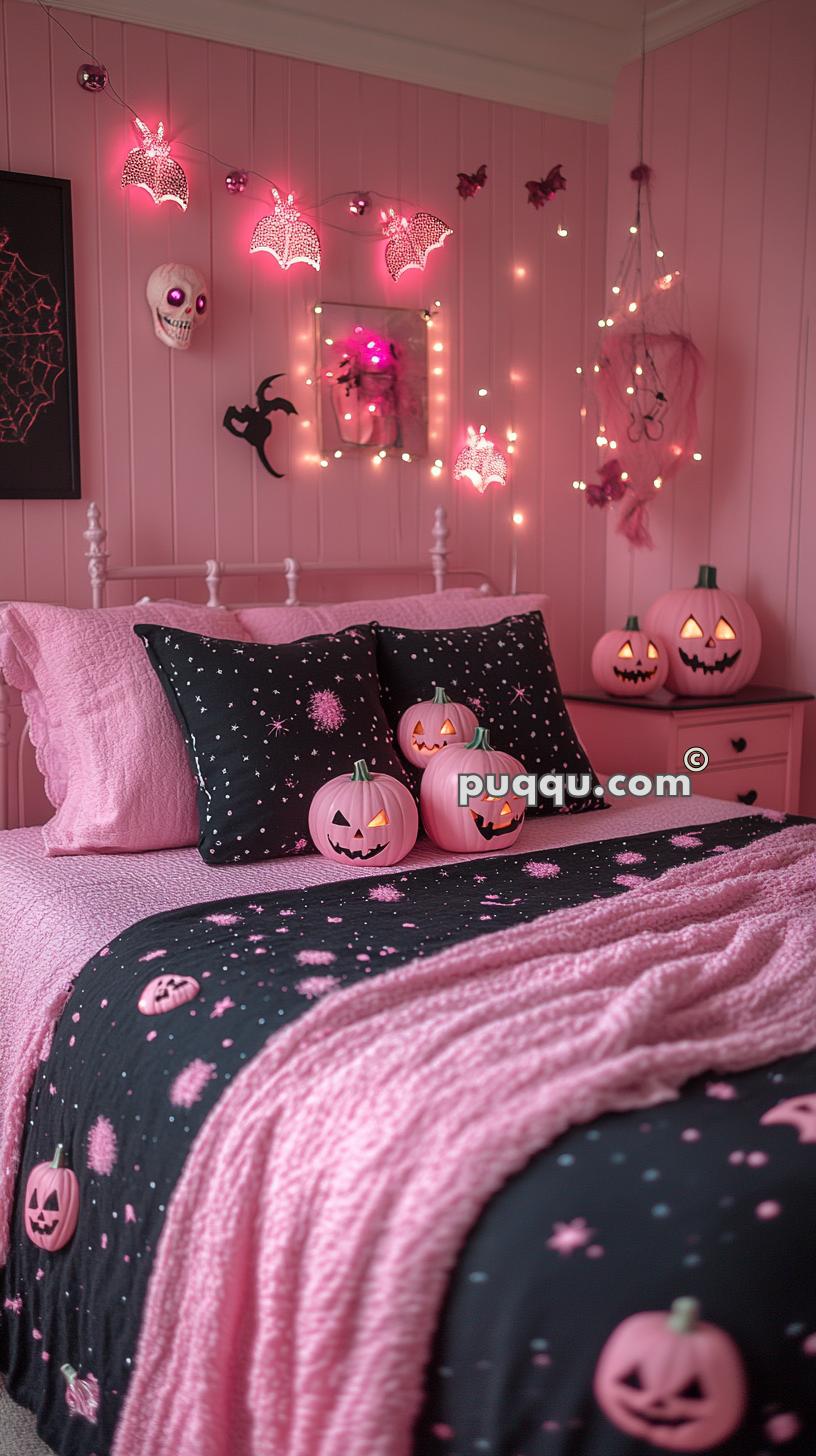 Pink-themed bedroom decorated with Halloween lights, bat figures, and pink jack-o'-lanterns on a bed with pink and black bedding.